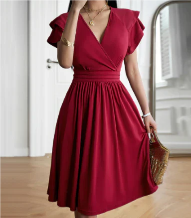 Women’s Midi Dress – Wrap Bodice – Flutter Sleeves – Flowy A-Line – Breathable Blend