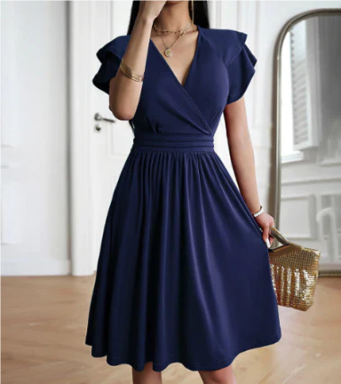 Women’s Midi Dress – Wrap Bodice – Flutter Sleeves – Flowy A-Line – Breathable Blend