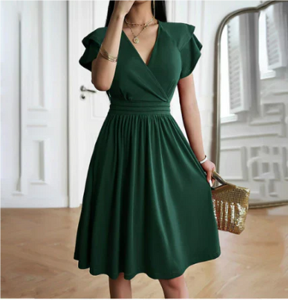 Women’s Midi Dress – Wrap Bodice – Flutter Sleeves – Flowy A-Line – Breathable Blend