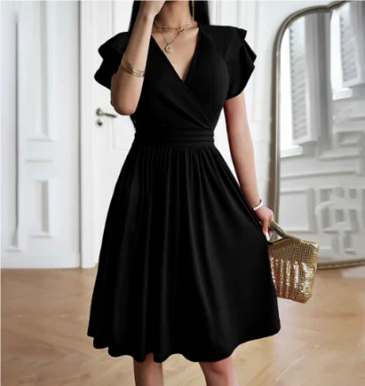 Women’s Midi Dress – Wrap Bodice – Flutter Sleeves – Flowy A-Line – Breathable Blend