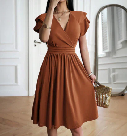 Women’s Midi Dress – Wrap Bodice – Flutter Sleeves – Flowy A-Line – Breathable Blend
