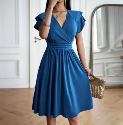 Women’s Midi Dress – Wrap Bodice – Flutter Sleeves – Flowy A-Line – Breathable Blend