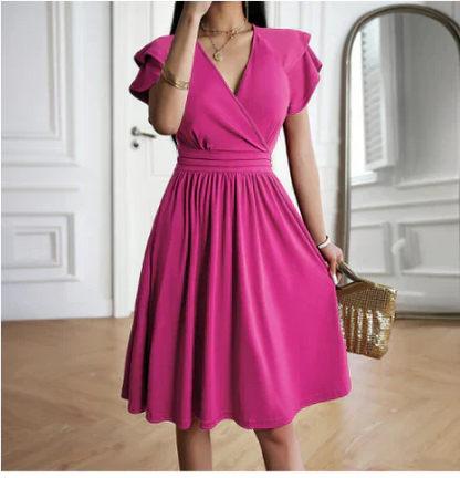 Women’s Midi Dress – Wrap Bodice – Flutter Sleeves – Flowy A-Line – Breathable Blend