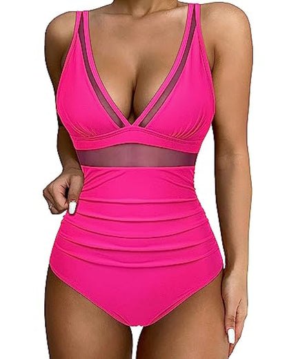 Women’s Swimsuit – Fitted One-Piece – Plunging Neckline – Mesh Panels – High-Cut Leg