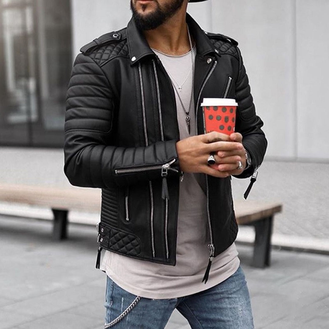 Men’s Faux Leather Jacket – Slim Fit – Quilted Shoulder Panels – Moto Zipper Detail