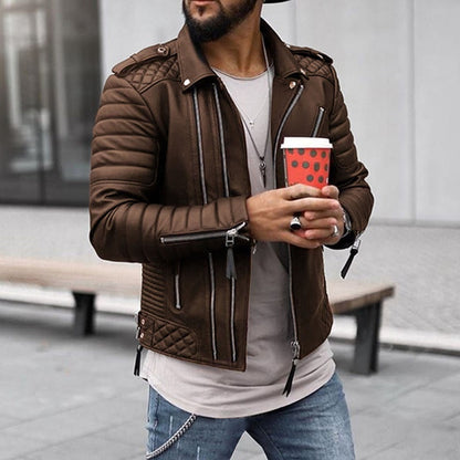 Men’s Faux Leather Jacket – Slim Fit – Quilted Shoulder Panels – Moto Zipper Detail