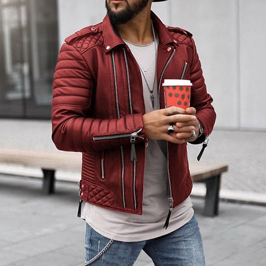 Men’s Faux Leather Jacket – Slim Fit – Quilted Shoulder Panels – Moto Zipper Detail