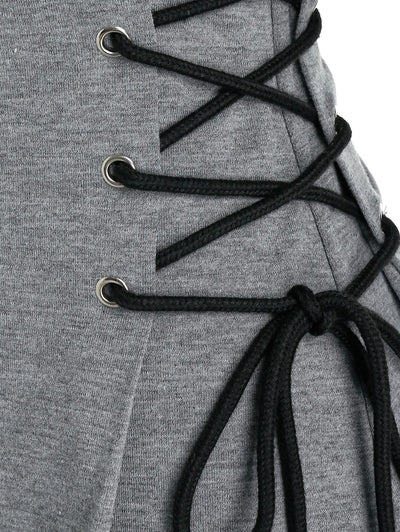 Women's Hooded Mini Dress - A-Line Fit - Lace-Up Sides - Long Sleeve Casual Wear