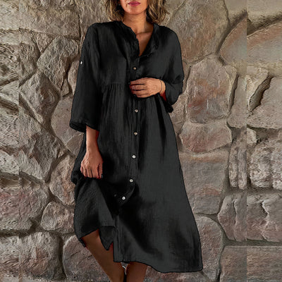 Women's Button-Up Dress - Relaxed Fit - 3/4 Sleeve - Lightweight Breathable