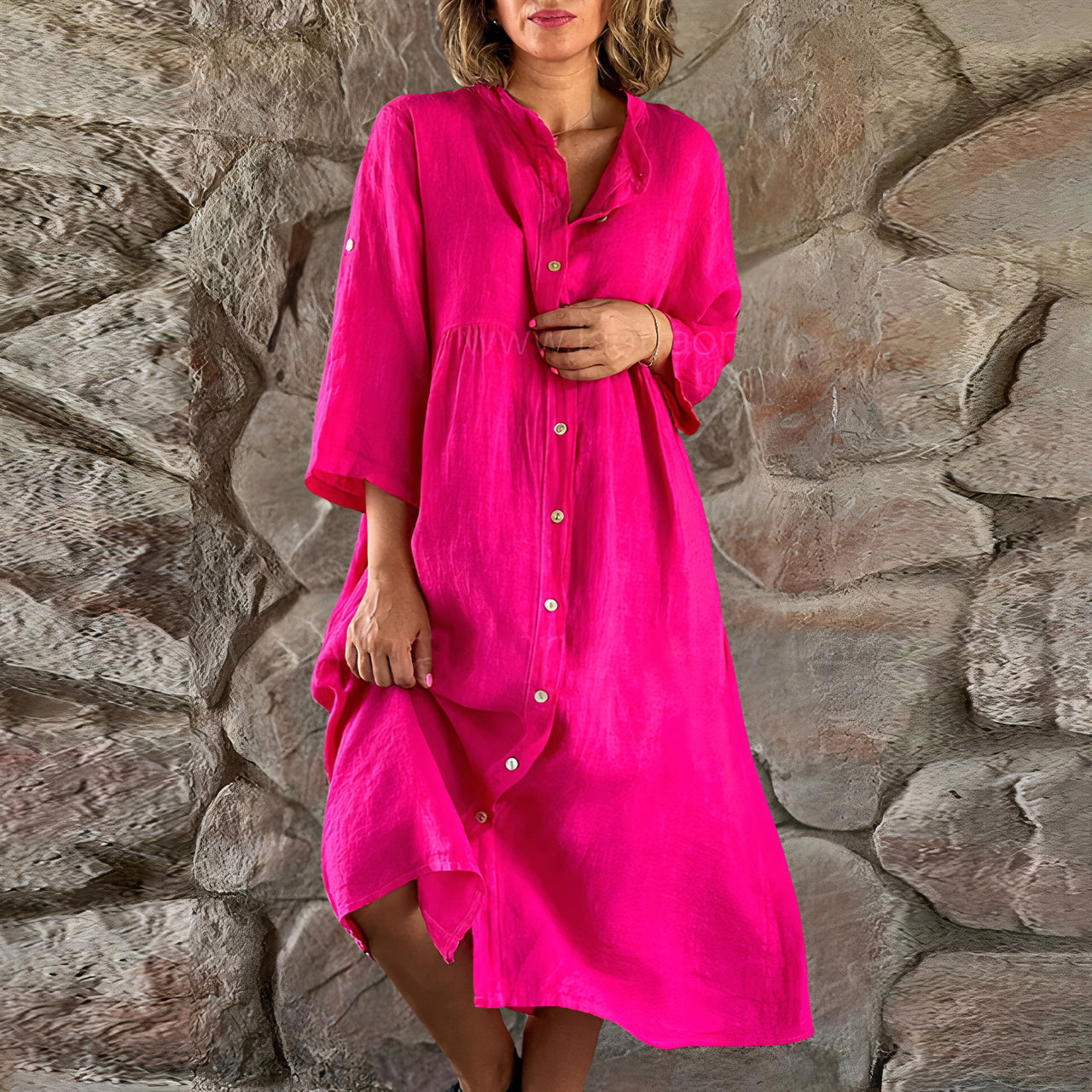 Women's Button-Up Dress - Relaxed Fit - 3/4 Sleeve - Lightweight Breathable
