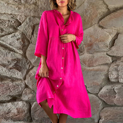 Women's Button-Up Dress - Relaxed Fit - 3/4 Sleeve - Lightweight Breathable