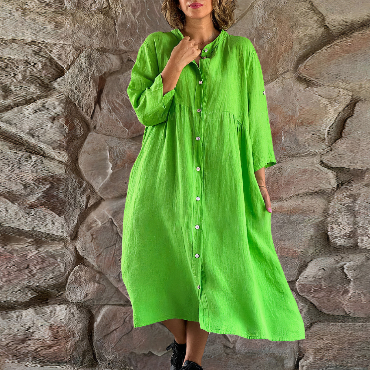 Women's Button-Up Dress - Relaxed Fit - 3/4 Sleeve - Lightweight Breathable