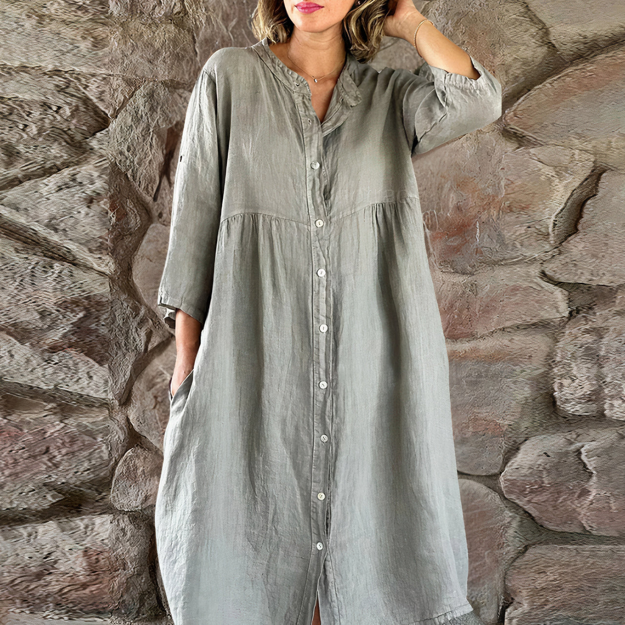 Women's Button-Up Dress - Relaxed Fit - 3/4 Sleeve - Lightweight Breathable