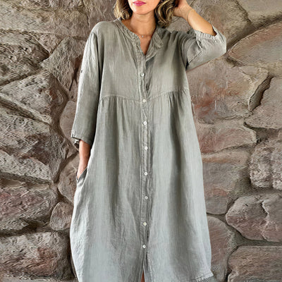 Women's Button-Up Dress - Relaxed Fit - 3/4 Sleeve - Lightweight Breathable