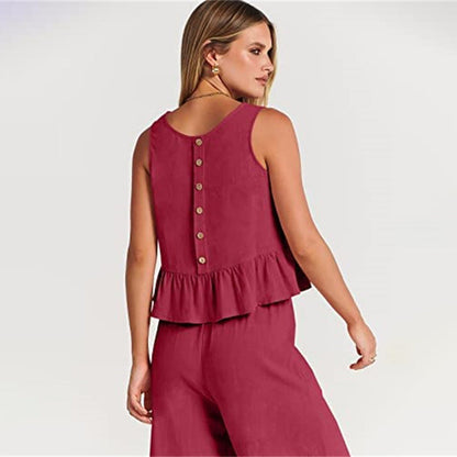 Women's sleeveless top with ruffles and wide-leg pants set