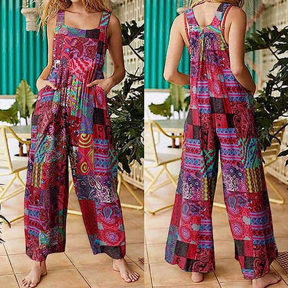 Women's Jumpsuit - Wide Leg Loose Fit - Sleeveless Square Neck - Casual Boho Style