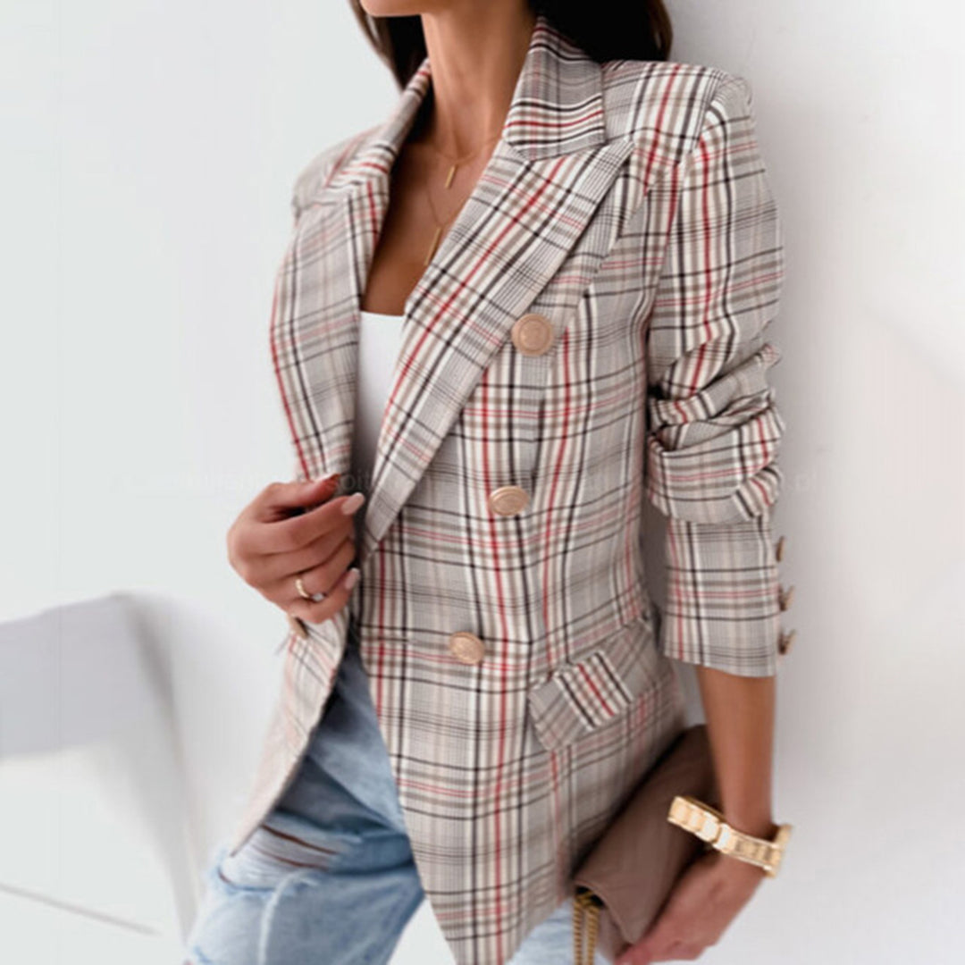 Women’s Blazer – Tailored Fit – Wool Blend – Plaid Double-Breasted – Wide Lapels