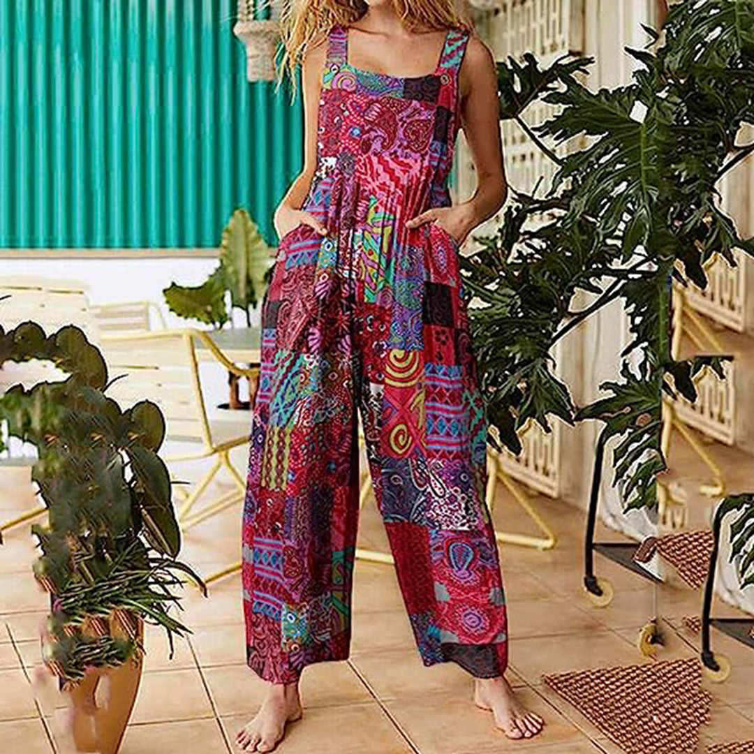 Women's Jumpsuit - Wide Leg Loose Fit - Sleeveless Square Neck - Casual Boho Style