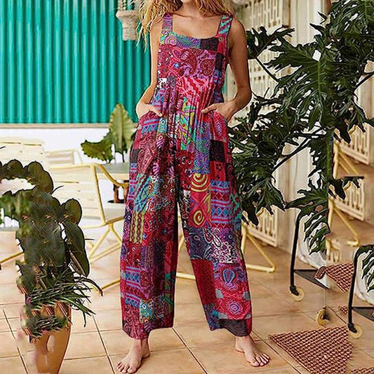 Women's Jumpsuit - Wide Leg Loose Fit - Sleeveless Square Neck - Casual Boho Style