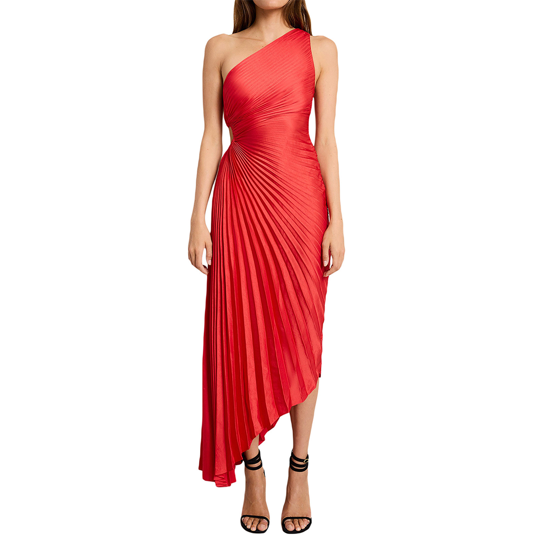 Women's One-Shoulder Evening Gown - Pleated Design - Fitted Bodice - Floor-Length Elegant Wear