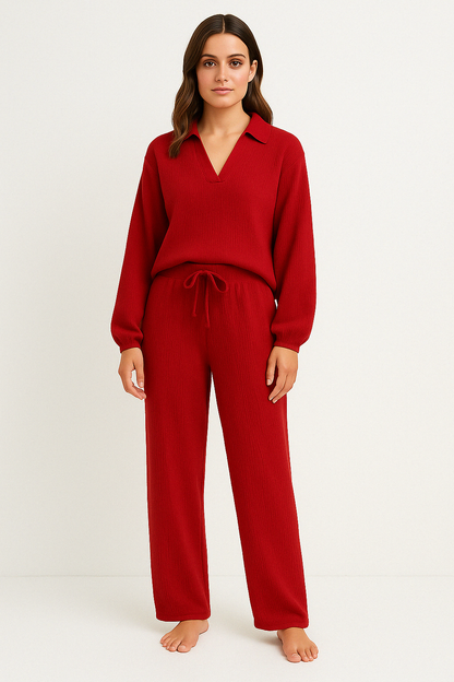 Women’s Lounge Set – Relaxed Fit – V-Neck Top with Collar – Drawstring Straight-Leg Pants