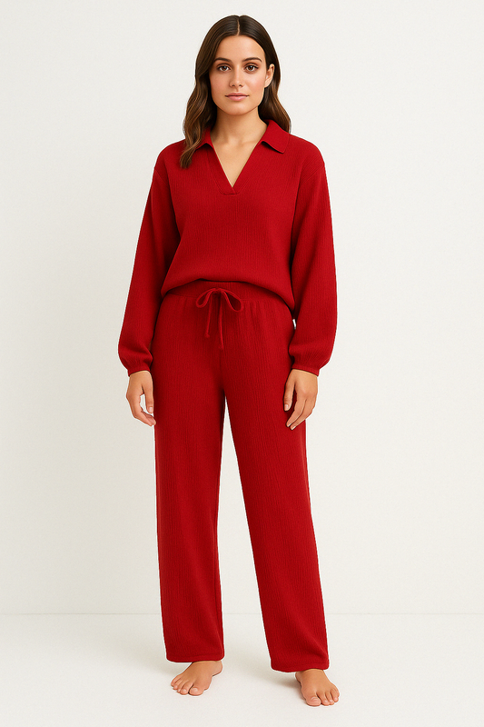 Women’s Lounge Set – Relaxed Fit – V-Neck Top with Collar – Drawstring Straight-Leg Pants