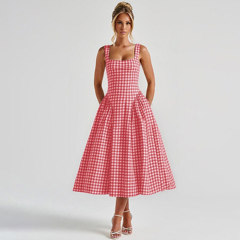 Women’s Midi Dress – Princess Silhouette – Square Neck – Checkered Pattern