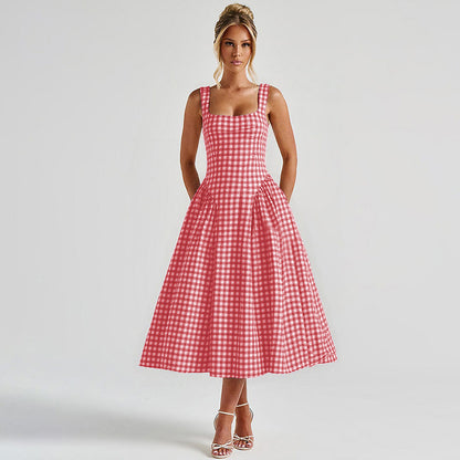 Women’s Midi Dress – Princess Silhouette – Square Neck – Checkered Pattern