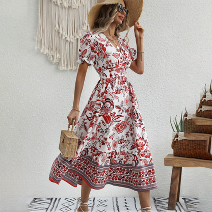 Women's Maxi Dress - Floral Print - Puff Sleeve V-Neck - Cinched Waist Flowy Fit