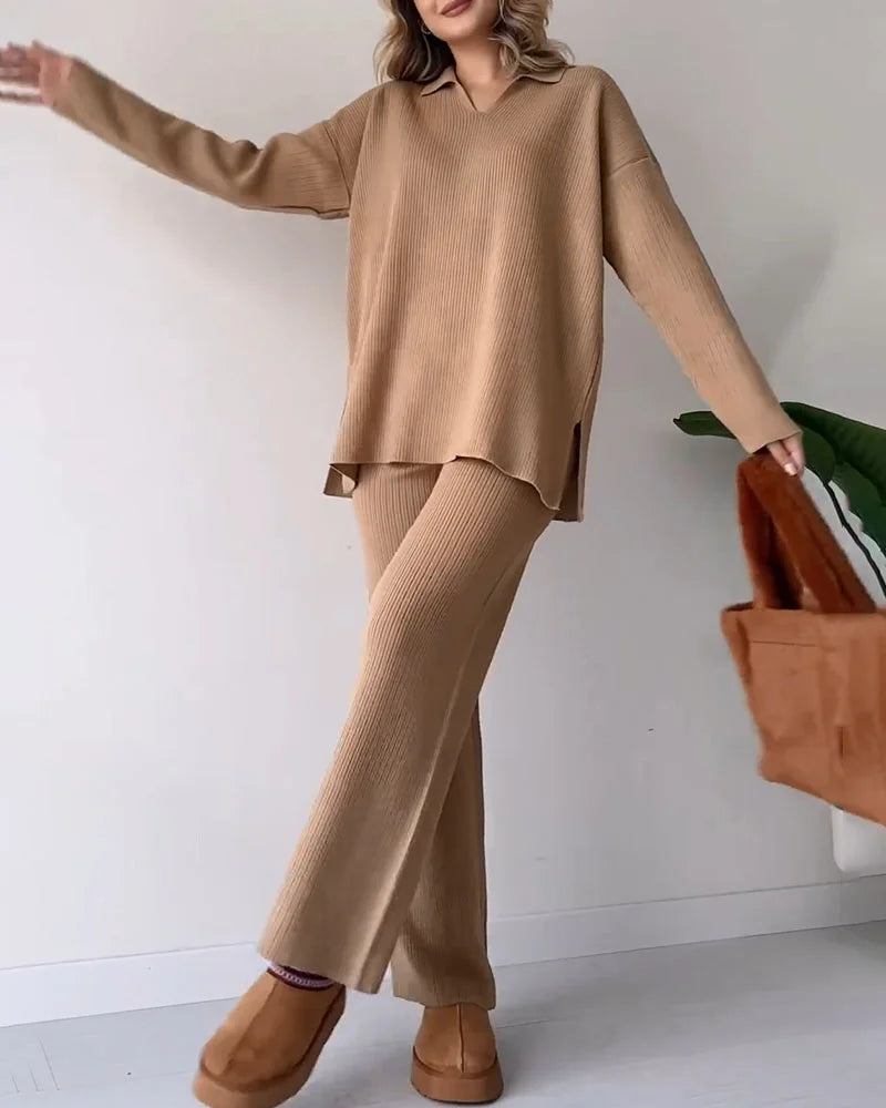 Women's Knit Loungewear Set - V-Neck Top & Wide-Leg Trousers - Soft Ribbed Fabric