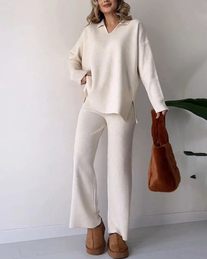 Women's Knit Loungewear Set - V-Neck Top & Wide-Leg Trousers - Soft Ribbed Fabric