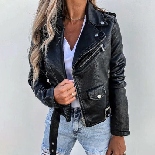 Women’s Biker Jacket – Tailored Fit – Cropped Length – Leather Look – Asymmetrical Zip