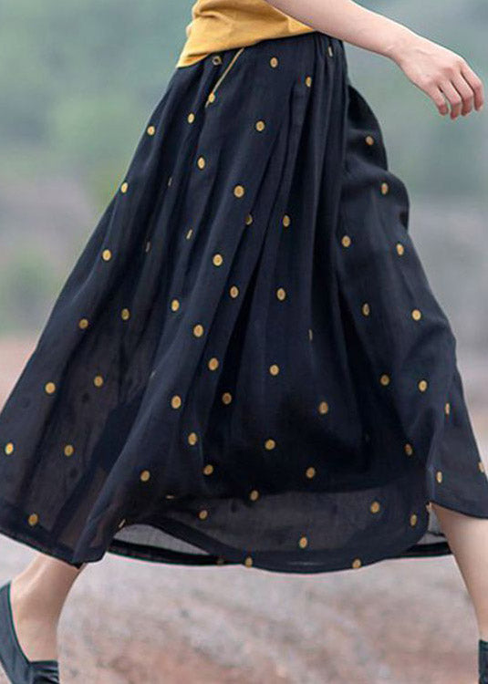 Women’s Midi Skirt – Natural Fibers – Relaxed Fit – Retro Floral Dot Print – With Pockets