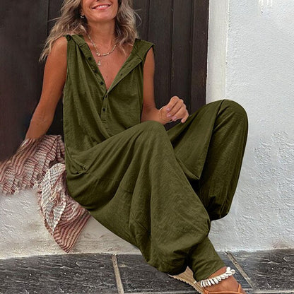 Women’s Jumpsuit – Relaxed Fit – Wide Leg – Sleeveless V-Neck – Button Front – Breathable Blend