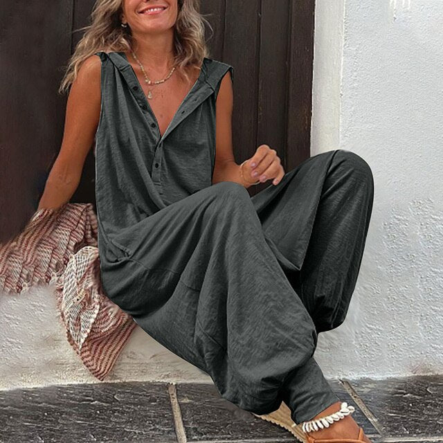 Women’s Jumpsuit – Relaxed Fit – Wide Leg – Sleeveless V-Neck – Button Front – Breathable Blend
