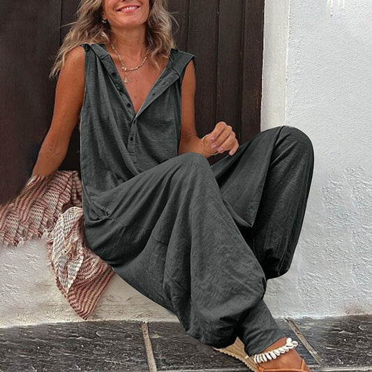Women’s Jumpsuit – Relaxed Fit – Wide Leg – Sleeveless V-Neck – Button Front – Breathable Blend