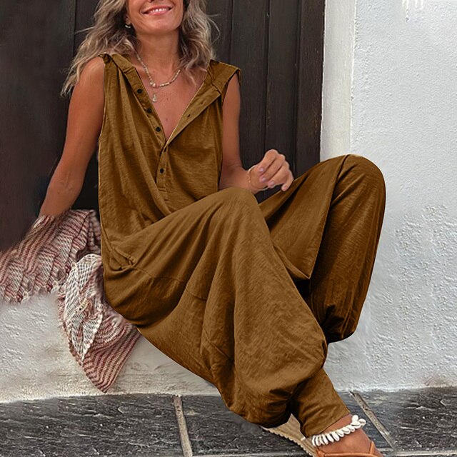 Women’s Jumpsuit – Relaxed Fit – Wide Leg – Sleeveless V-Neck – Button Front – Breathable Blend