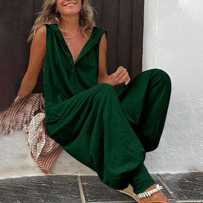 Women’s Jumpsuit – Relaxed Fit – Wide Leg – Sleeveless V-Neck – Button Front – Breathable Blend