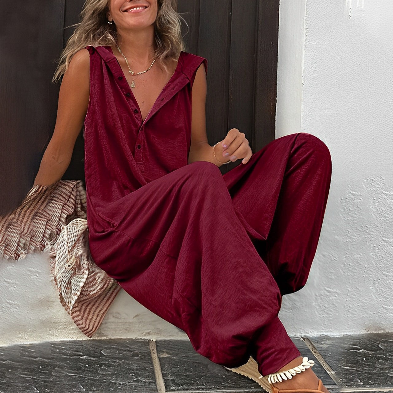 Women’s Jumpsuit – Relaxed Fit – Wide Leg – Sleeveless V-Neck – Button Front – Breathable Blend