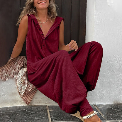 Women’s Jumpsuit – Relaxed Fit – Wide Leg – Sleeveless V-Neck – Button Front – Breathable Blend