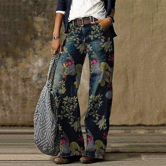 Women’s Wide-Leg Trousers – High Waist – Floral Print – Breathable Blend – Relaxed Fit