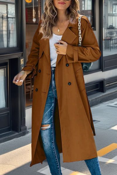 Women’s Trench Coat – Relaxed Fit – Double-Breasted – Belted Waist – Breathable Blend