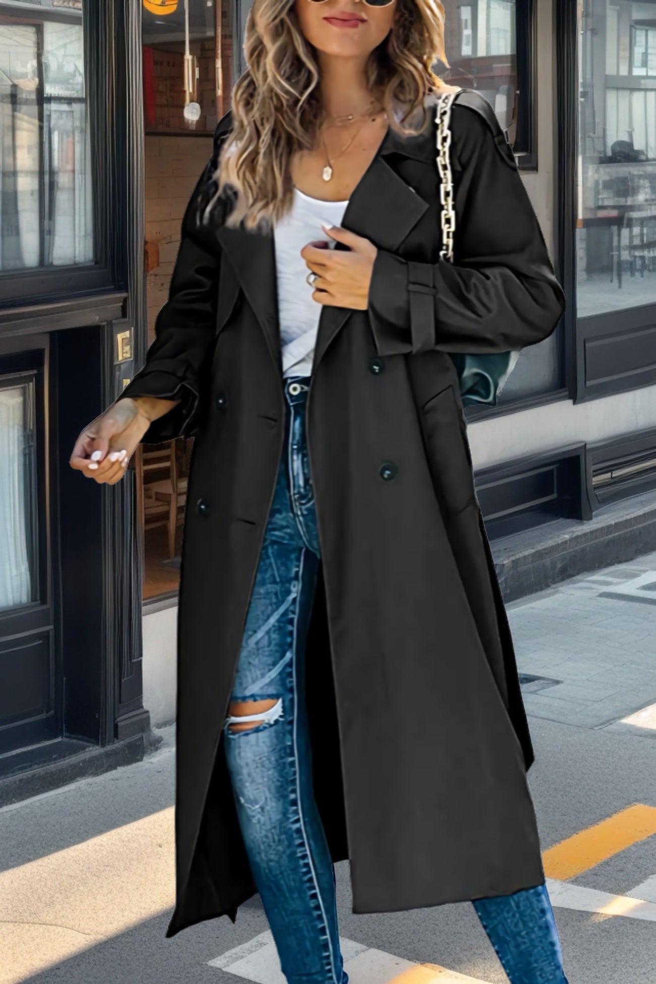 Women’s Trench Coat – Relaxed Fit – Double-Breasted – Belted Waist – Breathable Blend