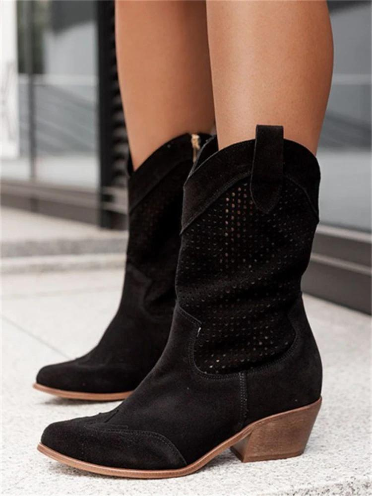 Women’s Cowboy Boots – Leather – Mid-Calf – Perforated – Medium Heel – Side Zip