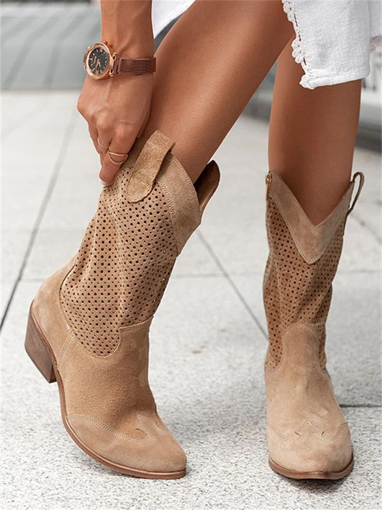 Women’s Cowboy Boots – Leather – Mid-Calf – Perforated – Medium Heel – Side Zip