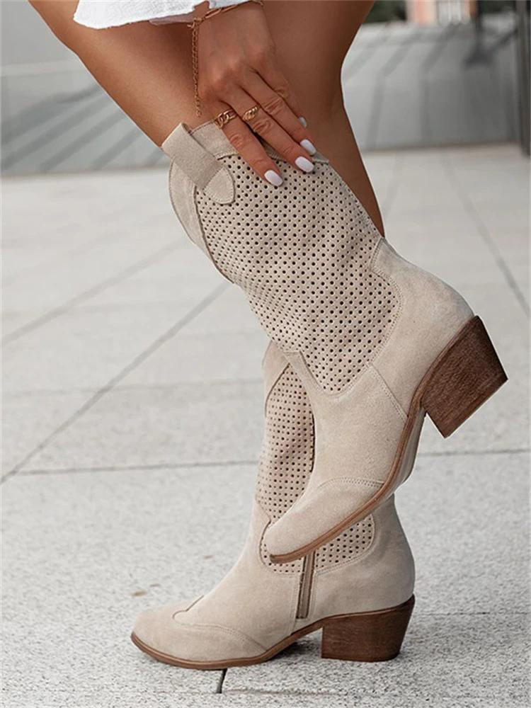Women’s Cowboy Boots – Leather – Mid-Calf – Perforated – Medium Heel – Side Zip