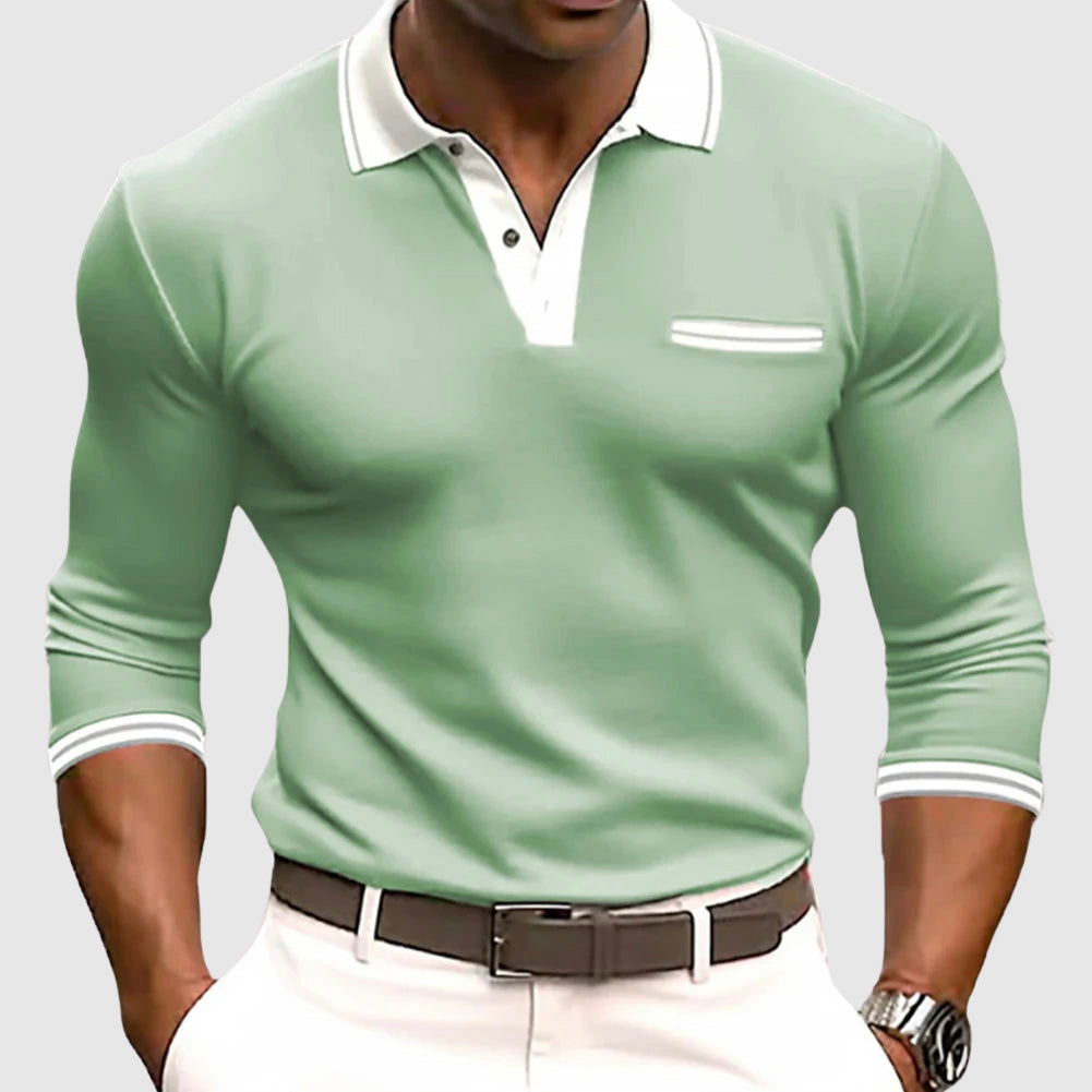 Men’s Long Sleeve Shirt – Slim Fit – Cotton Blend – Polo Collar – Chest Pocket