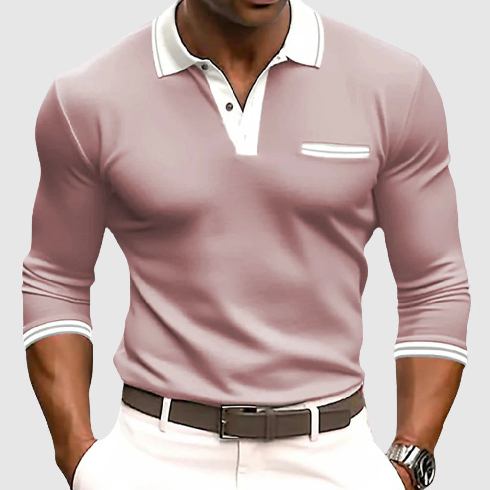 Men’s Long Sleeve Shirt – Slim Fit – Cotton Blend – Polo Collar – Chest Pocket