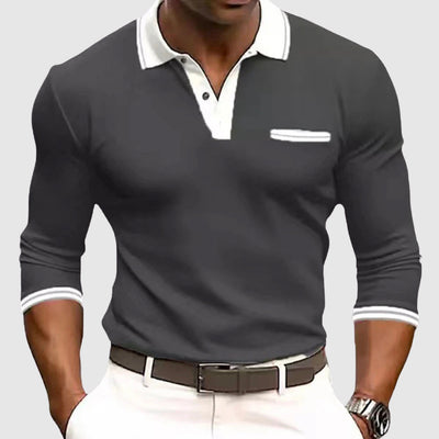 Men’s Long Sleeve Shirt – Slim Fit – Cotton Blend – Polo Collar – Chest Pocket