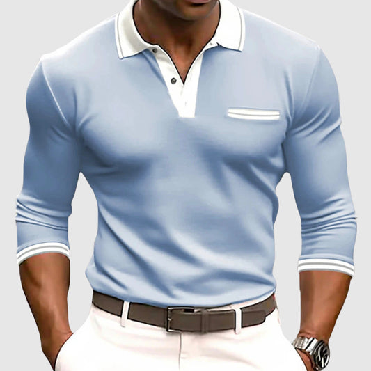 Men’s Long Sleeve Shirt – Slim Fit – Cotton Blend – Polo Collar – Chest Pocket